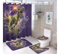 LUYYSKY Set di 4 tende da doccia con dinosauri vintage fantasy, medievale colorato, verde vulcanico, dinosauro selvatico, set da bagno con tappeti antiscivolo, copertura coperchio WC e tappetino da