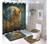 LUYYSKY Set di 4 tende da doccia con disegno di farfalle rustiche e pittura a olio, bellissimo set da bagno fantasia con luna piena e cielo e farfalla, con tappeti antiscivolo, copriwater e tappetino