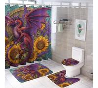 LUYYSKY Set di 4 tende da doccia con dragone medievale, pittura a olio, fantasia, colorata, medievale, mitica, fauna selvatica, dragone rosso, girasole, set da bagno con tappeti antiscivolo
