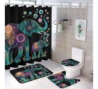 LUYYSKY Set di 4 tende da doccia con elefanti rustici astratti, colorati, vintage, indiani, mandala, bohémien, animali selvatici, set da bagno con tappeti antiscivolo, copri WC e tappetino da bagno