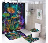 LUYYSKY Set di 4 tende da doccia con fantasia di funghi magici, fantastici e colorati, con tappeti antiscivolo, copriwater e tappetino da bagno