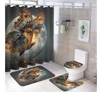 LUYYSKY Set di 4 tende da doccia con motivo con farfalle fantasia, dipinto a olio, stile rustico, con luna piena, cielo e farfalla, con tappeti antiscivolo, copriwater e tappetino da bagno