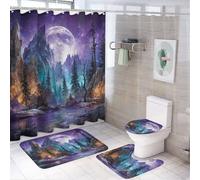 LUYYSKY Set di 4 tende da doccia con motivo fantasia, vintage, pittura a olio, galassia, luna piena, aurora, cielo stellato, set da bagno con tappeti antiscivolo, copriwater e tappetino da bagno