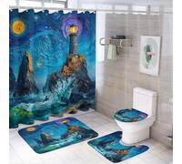 LUYYSKY Set di 4 tende da doccia con motivo nautico rustico, dipinto a olio colorato, cielo stellato costiero, onde dell'oceano, faro, set da bagno con tappeti antiscivolo, copriwater e tappetino da