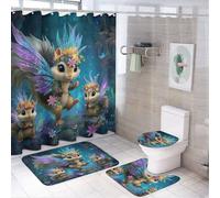 LUYYSKY Set di 4 tende da doccia con motivo scoiattolo, colorato, motivo cartone animato, fiaba, foresta, boschi, fiori, fauna selvatica, set da bagno con tappeti antiscivolo, copriwater e tappetino