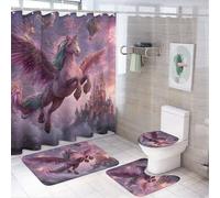 LUYYSKY Set di 4 tende da doccia con motivo unicorno astratto, rustico, colorato, arcobaleno, castello rosa, animali, unicorni, set da bagno con tappeti antiscivolo, copri WC e tappetino da bagno