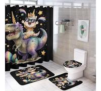 LUYYSKY Set di 4 tende da doccia con motivo unicorno e cartoni animati, rustici colorati, dinosauri arcobaleno, unicorni, animali, set da bagno con tappeti antiscivolo, copriwater e tappetino da bagno