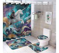 LUYYSKY Set di 4 tende da doccia divertenti con unicorno, fantasia oceano, grande onda, arcobaleno, animale, gatto, set da bagno con tappeti antiscivolo, copriwater e tappetino da bagno