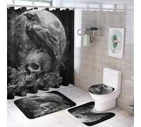 LUYYSKY Set di 4 tende da doccia gotiche realistiche con corvo, rustiche vintage, notte al chiaro di luna piena, teschio, corvo, set da bagno con tappeti antiscivolo, copriwater e tappetino da bagno