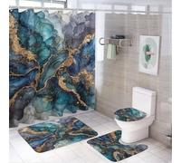 LUYYSKY Set di 4 tende da doccia in marmo colorato rustico, moderno, astratto, inchiostro blu oro, texture geometrica, set da bagno con tappeti antiscivolo, copertura coperchio WC e tappetino da bagno