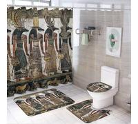 LUYYSKY Set di 4 tende da doccia in stile bohémien con stampa egiziana, stile retrò, rustico, etnico, tribale, mitico, simbolo Anubi con tappeti antiscivolo, copriwater e tappetino da bagno