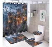 LUYYSKY Set di 4 tende da doccia in stile gotico con castello e pipistrelli, stile vintage, con tappeti antiscivolo, copriwater e tappetino da bagno