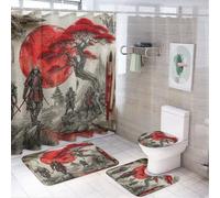 LUYYSKY Set di 4 tende da doccia in stile retrò giapponese samurai, acquerello, rustico, rosso, sole, floreale, anime giapponesi, samurai, set da bagno con tappeti antiscivolo, copriwater e tappetino