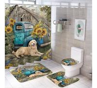 LUYYSKY Set di 4 tende da doccia in stile retrò rustico, pittura a olio con camion americano, girasole, cani, cabina, set da bagno con tappeti antiscivolo, copertura coperchio WC e tappetino da bagno