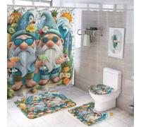 LUYYSKY Set di 4 tende da doccia in stile rustico con nani, simpatici e colorati, estivi, oceano, spiaggia, palma tropicale, gnomi, set da bagno con tappeti antiscivolo, copriwater e tappetino da