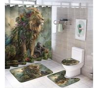 LUYYSKY Set di 4 tende da doccia realistiche con leone rustico, fresco dipinto a olio, pappagallo, giungla tropicale, alberi, flora, fauna selvatica, leone, set da bagno con tappeti antiscivolo