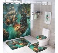 LUYYSKY Set di 4 tende da doccia realistiche con nave pirata nautica, stile vintage, fantasia, onde oceaniche, navi da guerra, navi da guerra, set da bagno con tappeti antiscivolo, copriwater e