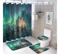 LUYYSKY Set di 4 tende da doccia realistiche con pinguini rustici, simpatiche e colorate aurora boreale, galassia, cielo antartico, animali pinguini, set da bagno con tappeti antiscivolo, copriwater e