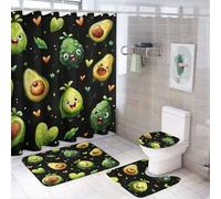 LUYYSKY Set di 4 tende da doccia realistiche e divertenti, motivo avocado, con tappeti antiscivolo, copriwater e tappetino da bagno