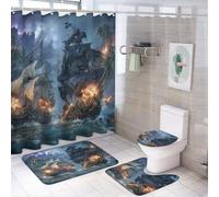 LUYYSKY Set di 4 tende da doccia realistiche nautiche con nave pirata, fantasia vintage, onde oceaniche e navi da guerra navi da guerra set da bagno con tappeti antiscivolo, copriwater e tappetino da