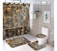 LUYYSKY Set di 4 tende da doccia realistiche rustiche con stampa di vecchi strumenti di riparazione con tappeti antiscivolo, copertura per coperchio WC e tappetino da bagno