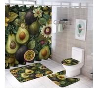 LUYYSKY Set di 4 tende da doccia rustiche realistiche con avocado, pittura a olio colorata con avocado tropicale, frutto della passione, set da bagno con tappeti antiscivolo, copriwater e tappetino da