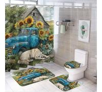 LUYYSKY Set di 4 tende da doccia rustiche retrò con motivo camion americano, pittura a olio blu antico, girasole, cani, cabina, set da bagno con tappeti antiscivolo, copriwater e tappetino da bagno