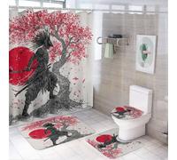 LUYYSKY Set di 4 tende da doccia stile samurai rustico, stile retrò, con motivo floreale rosso, inchiostro giapponese, anime samurai, set da bagno con tappeti antiscivolo, copriwater e tappetino da