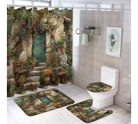 LUYYSKY Set di 4 tende da doccia vintage ad arco, rustiche astratte italiane, rustiche e astratte, in pietra con pareti in pietra, pianta fiorita, set da bagno con tappeti antiscivolo, copriwater e