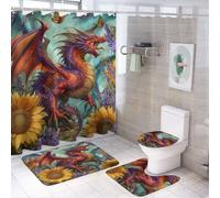 LUYYSKY Set di tende da doccia colorate con drago, pittura a olio medievale, mitica fauna selvatica, dragone rosso, girasole, set di decorazione per il bagno con tappeti, tenda da doccia per bagno