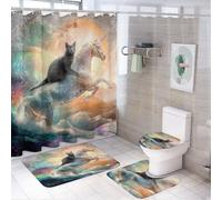 LUYYSKY Set di tende da doccia colorate e divertenti con unicorno, fantasia bella oceano grande onda arcobaleno animale gatto set decorazione per il bagno con tappeti, set tenda da doccia per bagno