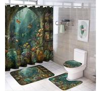 LUYYSKY Set di tende da doccia colorate fantasia, decorazione per la libreria medievale, pittura a olio con fiori, farfalle, fiabe, foreste, set con tappeti, tenda da doccia per bagno