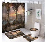 LUYYSKY Set di tende da doccia con arco, stile nautico, vintage, con motivo castello, colorato, bellissimo oceano, spiaggia, tramonto costiero, set con tappeti, tenda da doccia per bagno