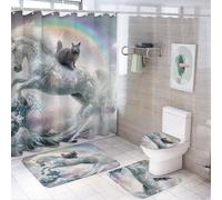 LUYYSKY Set di tende da doccia con motivo unicorno, divertente e colorato, motivo oceano, grande onda, arcobaleno, animale, gatto, decorazione per il bagno, set con tappeti, tenda da doccia per il