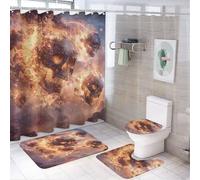 LUYYSKY Set di tende da doccia in stile gotico fantasia, stile vintage, medievale, rosso, fuoco, horror, teschi brucianti, set di decorazione per il bagno con tappeti, tenda da doccia per bagno