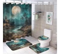 LUYYSKY Set di tende da doccia in stile shabby retrò, stile vintage di metà secolo, stile gotico, realistico, con paesaggio nebbioso della foresta e luna piena, set con tappeti, tenda da doccia per