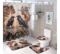 LUYYSKY Set di tende da doccia realistiche rustiche con corvo, stile vintage, fantasia, bosco nebbioso, alberi, fauna selvatica, corvo, set di decorazioni per il bagno con tappeti, set di tende da