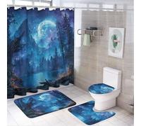 LUYYSKY Set di tende da doccia vintage fantasy, set decorativo per il bagno, con pittura a olio, galassia, luna piena, aurora, cielo stellato, set con tappeti, tenda da doccia per bagno
