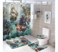 LUYYSKY Set di tende da doccia vintage realistiche con navi pirata, fantasia nautica marina oceano onde navi da guerra navi da guerra set con tappeti, set di tende da doccia per bagno