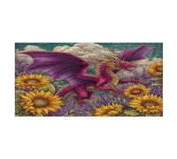 LUYYSKY Telo mare assorbente con drago, pittura a olio medievale, colorato, fantasia medievale, fauna selvatica, dragone rosso, girasole, esterno, telo mare in velluto su un lato