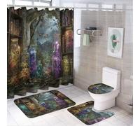LUYYSKY Tenda da doccia colorata medievale per libreria, set decorativo per il bagno con tappeti, set di tende da doccia per il bagno con pittura a olio fantasia, farfalla, fiaba, foresta