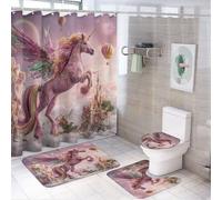 LUYYSKY Tenda da doccia rustica colorata con unicorno, set di decorazioni per il bagno con tappeti, set di tende da doccia per il bagno