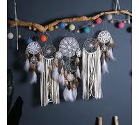 LUZLED 5 pezzi macramè acchiappasogni da appendere alla parete, acchiappasogni con luna e stelle appese sopra il letto, acchiappasogni con piume acchiappasogni da parete (marrone)