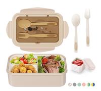 LUZOON Bento Lunch Box,1400ml Bento Box con 3 Scomparti e Posate per Adulti, Porta Pranzo con Posate e Scatola Per Salse,Senza BPA,Sicuri per Microonde e Lavastoviglie (Cachi)