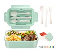 LUZOON Lunch Box,1400ml Bento Box con 3 Scomparti e Posate per Adulti, Porta Pranzo con Posate e Scatola Per Salse,Senza BPA,Sicuri per Microonde e Lavastoviglie (Verde Chiaro+Sauce Box)