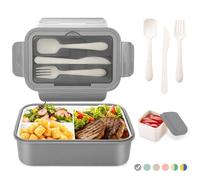 LUZOON Lunch Box,1400ml Bento Box con 3 Scomparti e Posate per Adulti, Porta Pranzo con Posate e Scatola Per Salse,Senza BPA,Sicuri per Microonde e Lavastoviglie (Grigio+Sauce Box)