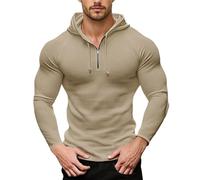 LUZOUCHE Felpa da uomo alla moda, con chiusura lampo a quarto, sportiva, per il fitness, a maniche lunghe, tinta unita, sportiva, casual, con cappuccio, per l'autunno, beige., 3XL