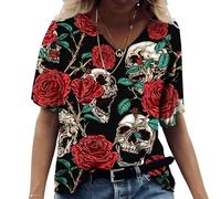 LuzoyaoLZY Maglietta da Donna con Teschio Summer Rose Stampata in 3D Scollo a V Maniche Corte Top Magliette Oversize in Stile Harajuku