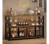 LVB Armadietto industriale per bar caffè, armadietto per bar per liquori e bicchieri, armadietto per liquori e bicchieri in legno di metallo, armadietto per liquori a buffet e portabottiglie con ripostiglio per la cucina da pranzo a casa, marrone rustico, 47 pollici