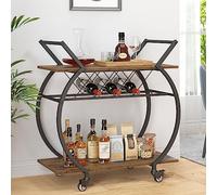 LVB Industrial Kitchen Bar Cart, Farmhouse Beverage Serving Liquor Cart with Wheels, Wood and Metal Rolling Wine Cart with Storage Shelf, Microwave Drink Cart for Home Living Dining Room, Rustic Brown